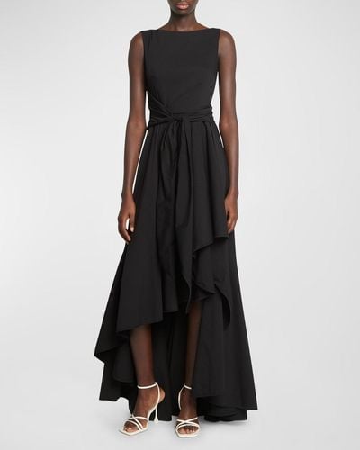 Talbot Runhof High-Neck Sleeveless Waist-Tie High-Low Dress - Black