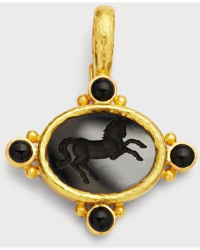 Elizabeth Locke 19k Yellow Gold Horizontal Oval Flat Onyx Rearing Horse Pendant - Metallic