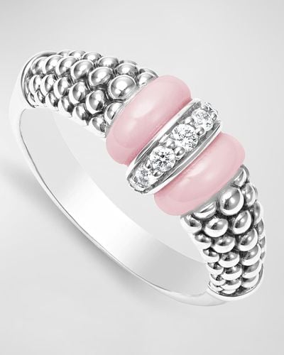 Lagos Sterling Silver Pink Caviar Diamond Small 1 Link Ring - White