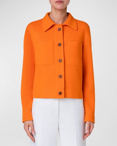 Akris Cashmere Pique Boxy Collared Cardigan Jacket - Orange