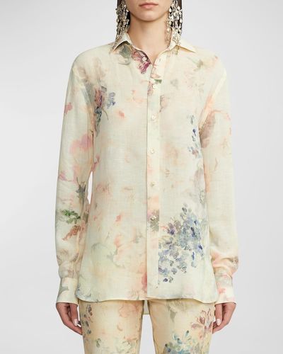 Ralph Lauren Collection Graison Wildflowers-Print Linen Voile Collared Shirt - Natural