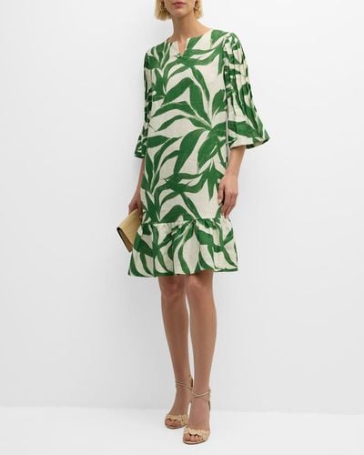 Teri Jon Leaf-Print Ruffle Linen Dress - Green