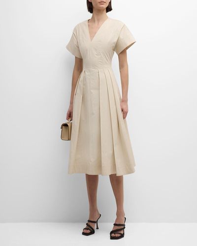 Natori Pleated A-Line Cotton Taffeta Midi Dress - Natural
