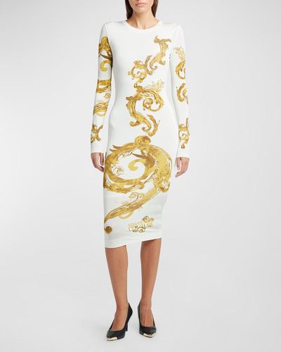 Versace Chain Couture Long Sleeve Bodycon Midi Dress - Yellow