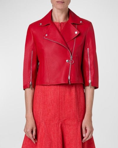 Akris Punto Perforated Nappa Leather Cropped Biker Jacket - Red