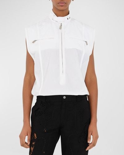 Burberry Band-Collar Sleeveless Zip-Front Woven Top - White