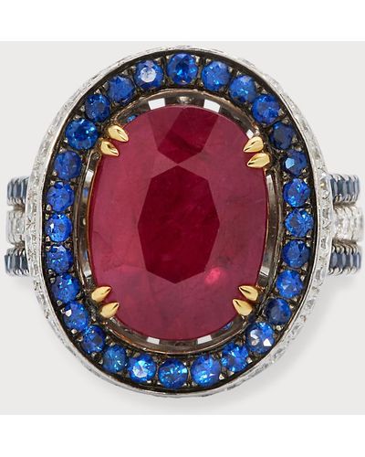 Alexander Laut 18k Ruby Ring With Blue Sapphire And Diamond, Size 6.5