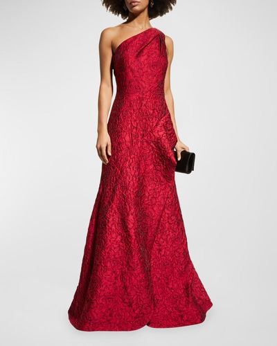 Teri Jon One-shoulder A-line Jacquard Gown - Red