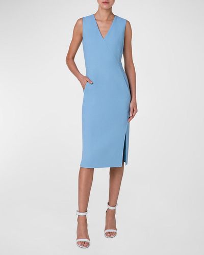 Akris V-Neck Sleeveless Side-Slit Wool Crepe Midi Dress - Blue