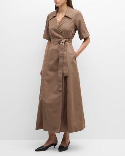 Lafayette 148 New York Faux-Wrap Cotton-Linen Midi Shirtdress - Brown