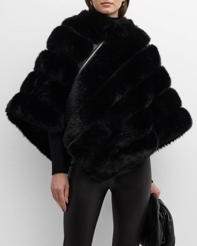 Kelli Kouri Asymmetrical Zip Faux Fur Poncho - Black