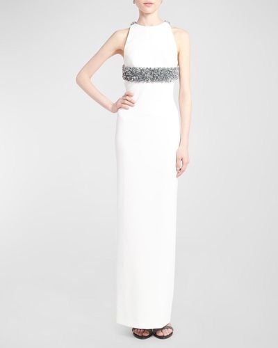 Emilio Pucci Embroidered Empire-Waist Sleeveless Column Gown - White