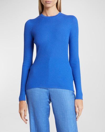 Gabriela Hearst Browning Long-Sleeve Crewneck Cashmere-Silk Knit Sweater - Blue