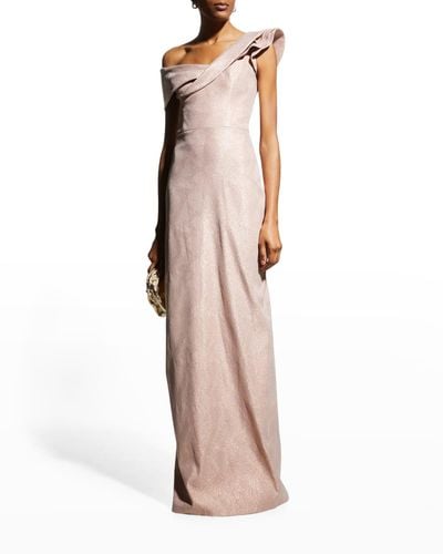 Teri Jon One-Shoulder Tonal Metallic Jacquard Gown - Pink