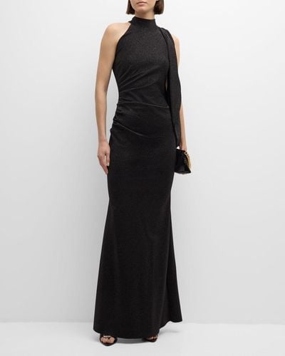 La Petite Robe Di Chiara Boni Pleated Mock-Neck Shimmer Gown - Black