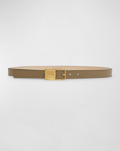 Balmain Signature Leather Belt With Geometric Buckle - Gray