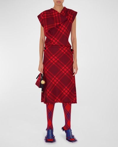 Burberry Check Cap-Sleeve Fringe-Edge Wrap Wool Dress - Red