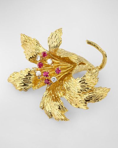 NM Estate Estate Cartier 18K And Flower Brooch With Rubies And Diamonds - Metallic