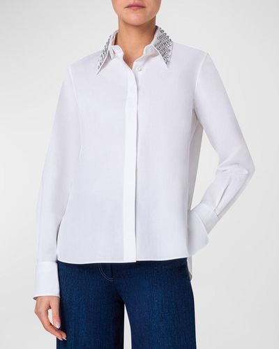 Akris Punto Cotton Poplin Button-Front Blouse With Detachable Crystal And Studs Collar - White