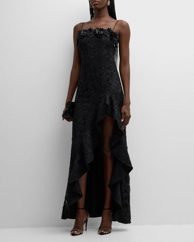 Emanuel Ungaro Eva High-Low Square-Neck Floral Lace Gown - Black