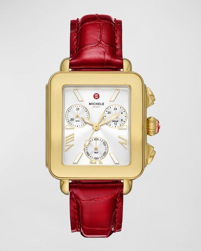 Michele Deco Sport 18K-Plated Ruby Leather Watch - Red
