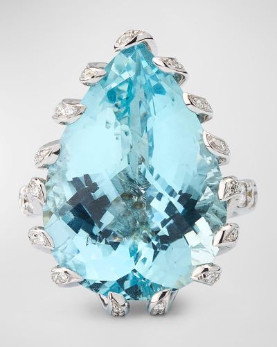Alexander Laut 18K Pear Shaped Aquamarine And Pave Diamond Ring, Size 6.5 - Blue