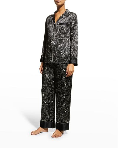 Neiman Marcus Long Printed Silk Pajama Set - Black