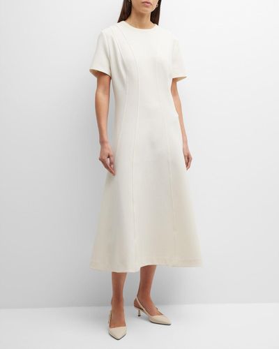 St. John Princess Dart Short-Sleeve Crepe Midi Dress - White