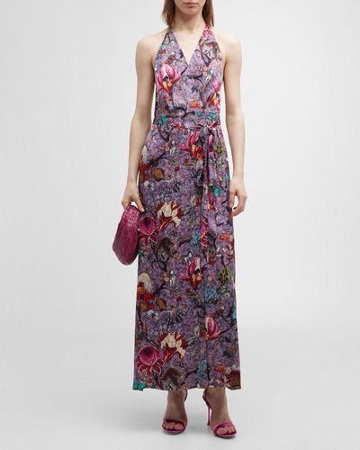 Adriana Iglesias Candy Floral-Print Halter Maxi Wrap Dress - Purple