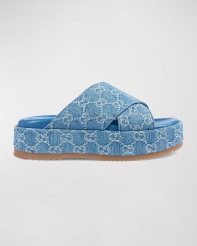 Gucci Angelina Gg Denim Crisscross Platform Sandals - Blue
