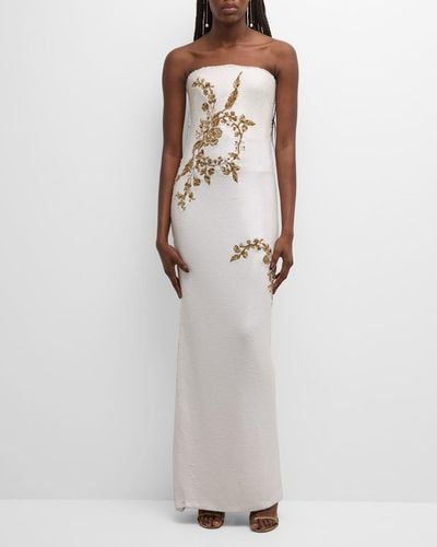 Monique Lhuillier Strapless Bead Embroidered Sequin Column Gown - White