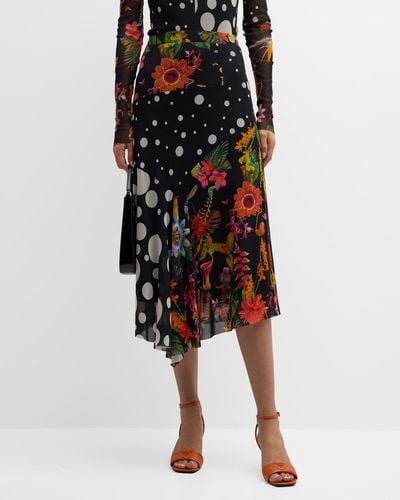 Fuzzi Polka Dot & Floral-Print Tulle Midi Skirt - Black