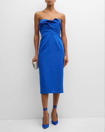 MILLY Strapless Pleated Crepe Midi Dress - Blue