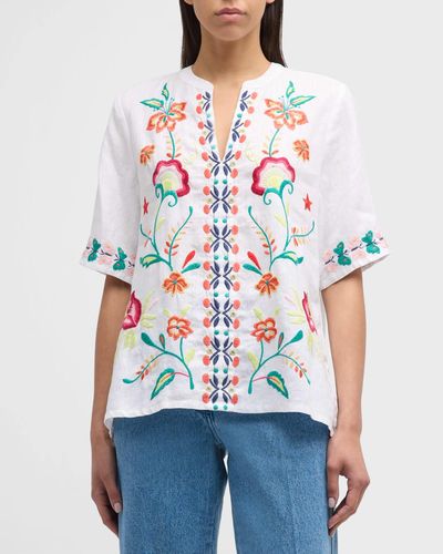 Johnny Was Averi Floral-Embroidered Linen Top - White