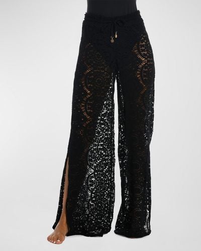 Sunshine 79 Adjustable Tie-waist Cotton Crochet Coverup Pants - Black