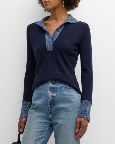Neiman Marcus Cashmere Marled Polo Sweater - Blue