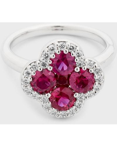 Neiman Marcus 18k Ruby And Diamond Flower Ring, Size 6.75 - Pink