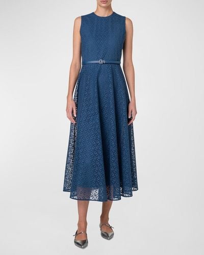 Akris Sleeveless Embroidered Lace Belted Midi Dress - Blue