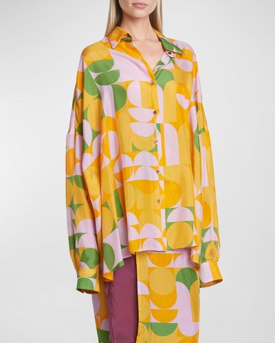 Dries Van Noten Casia Abstract-Print Oversized Silk Collared Shirt - Yellow