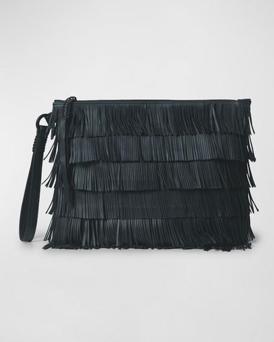 Callista Fringe Pouchette Leather Clutch Bag - Black