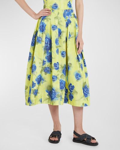 Marni Pleated Floral-Print Flare Midi Skirt - Yellow
