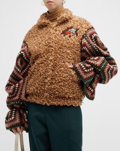 TU LIZE Faux Fur Crochet Bomber Jacket - Multicolor