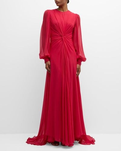 Monique Lhuillier Twisted Long-Sleeve Silk Gown - Red