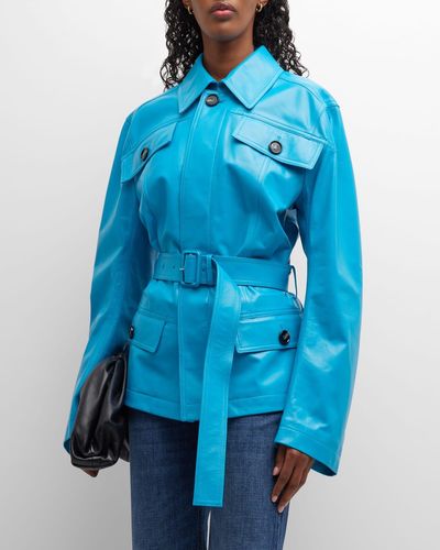 Bottega Veneta Belted Shiny Leather Jacket - Blue