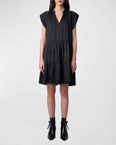 Zadig & Voltaire Rito Satin Self-Tie High Neck Tiered Mini Dress - Black