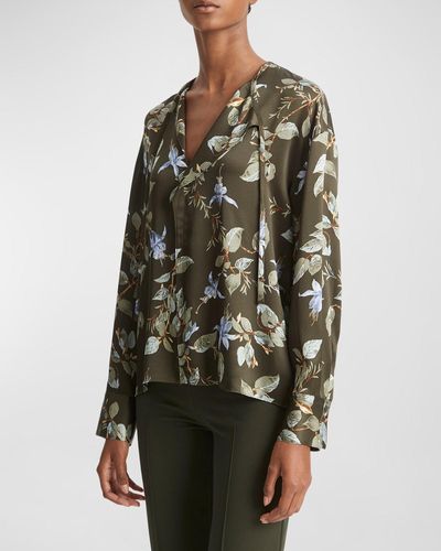 Vince Floral Silk Draped Tie-Neck Blouse - Green