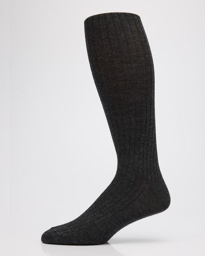 Neiman Marcus Ribbed Wool Over-calf Socks - Black