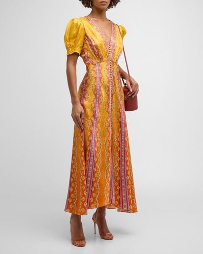Saloni Lea Printed Long Dress - Orange