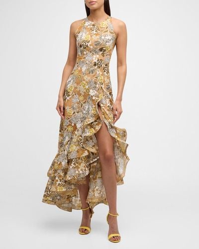 Bronx and Banco Sicilia High-Low Ruffle Floral Lace Gown - Metallic