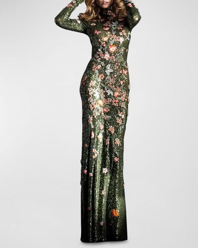 Naeem Khan Floral-Embroidered Sequin High-Neck Gown - Green